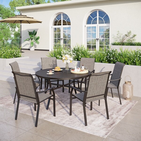 MAISON ARTS 5/7Piece Patio Dining Set,Round Metal Table and 4/6 Textilene Fabric Padded Armchairs