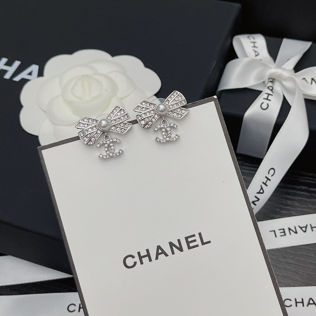 Chanel Crystal Cc Bow Drop Earrings Silver