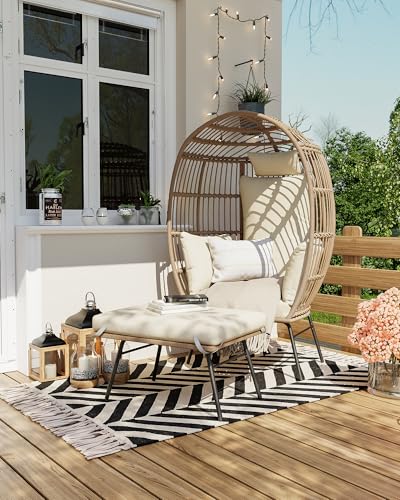 Oversize Wicker Egg Chair with Ottoman, Egg Basket Lounge Chair with Thick Cushion, Comfy Egg Rattan Seat for Indoor Outdoor Patio Porch Backyard, Beige