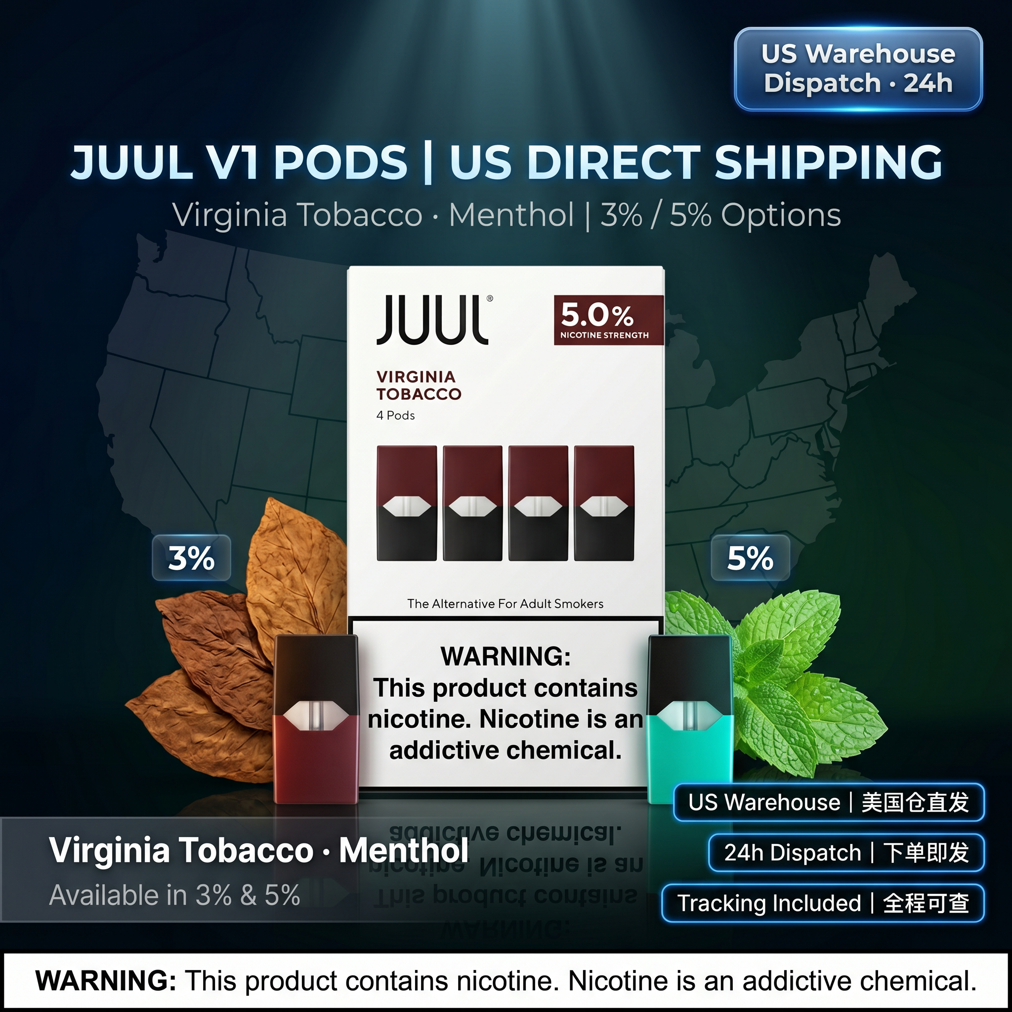 JUUL V1 Pods 美国仓直邮｜Virginia Tobacco & Menthol - 華人蒸汽