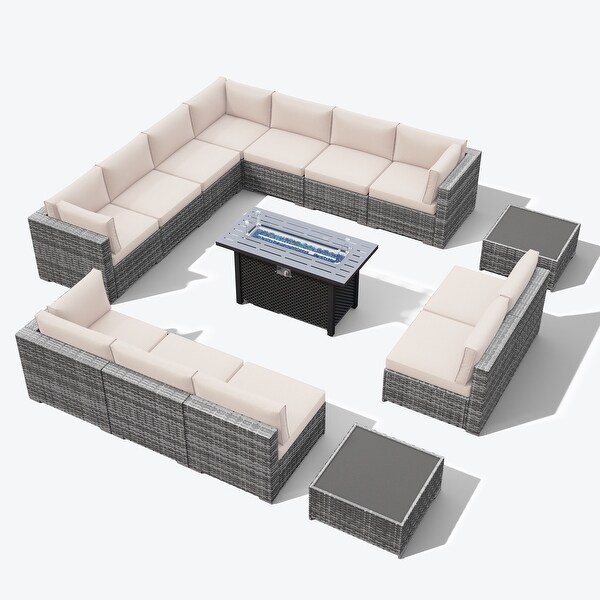 15 Piece Wicker Set Patio Sofa Furniture with Fire Pit And Table
