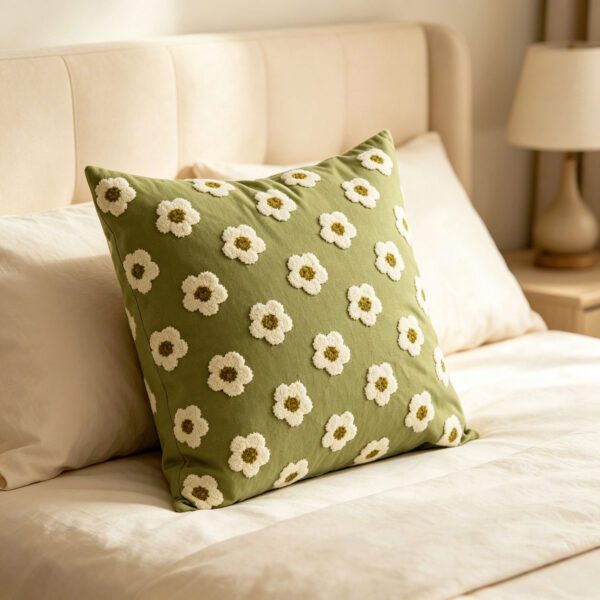 Green Daisy Embroidered Decorative Throw Pillow with Insert