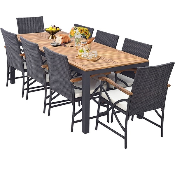 Costway 9 PCS Patio Rattan Dining Set with Acacia Wood Table,