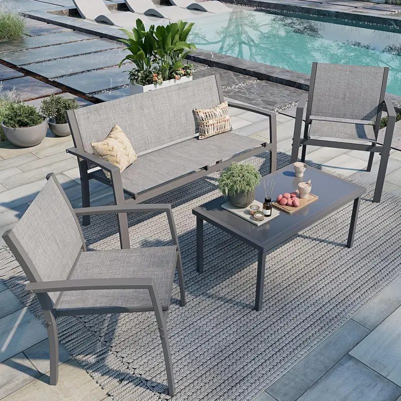 Shintenchi All-Weather Outdoor Conversation Set – 4-Piece Textilene Fabric Patio Furniture with Loveseat, 2 Chairs & Glass Coffee Table