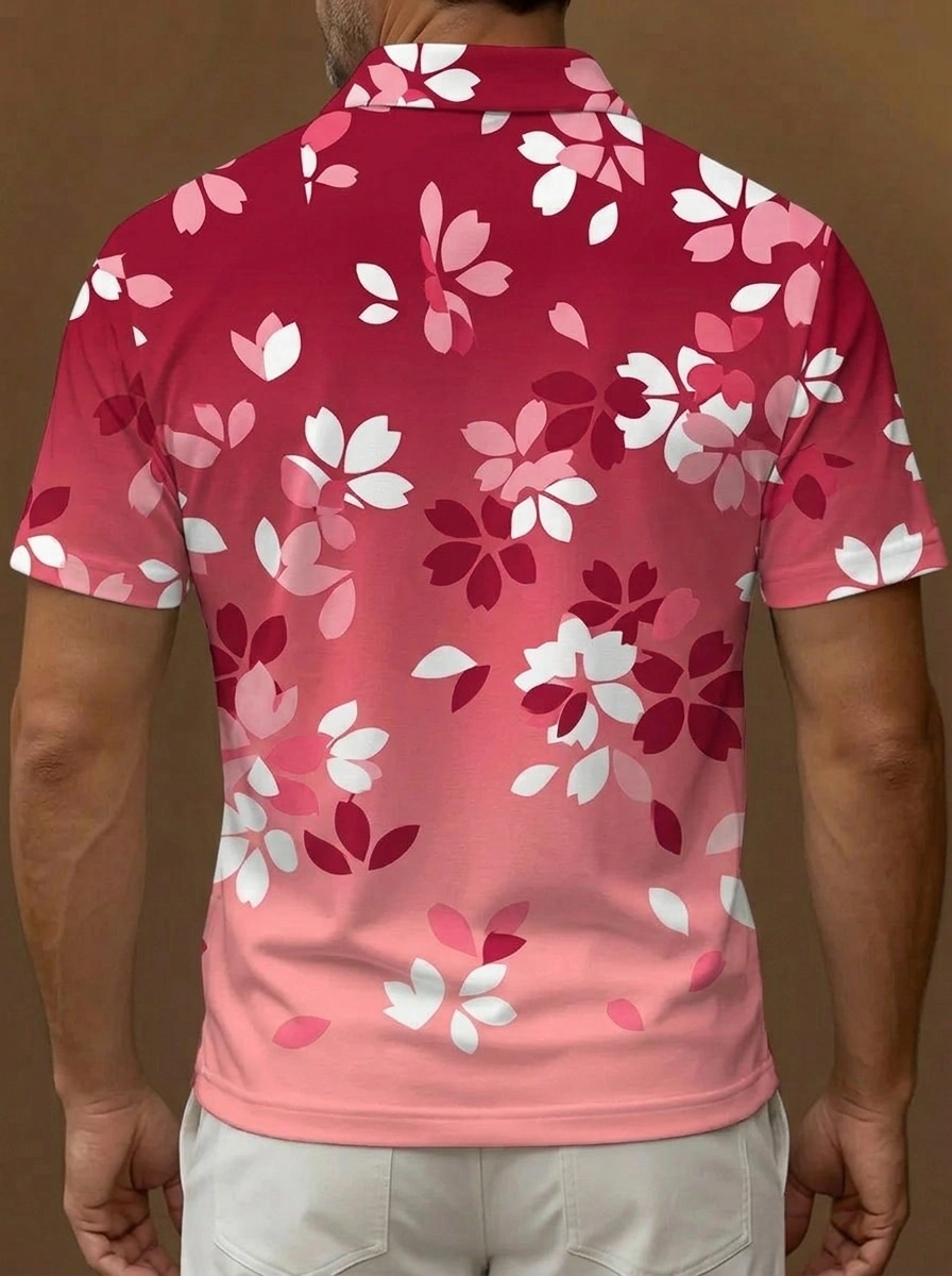 Red Pink Gradient Cherry Blossom Print Short Sleeve Golf Polo Shirt
