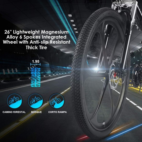Electric Bike Folding Electric Commuting Bike/Mountain Bike with 26″ Magnesium Alloy Integrated Wheel, Premium Front and Rear Suspension and 21 Speed Gears
