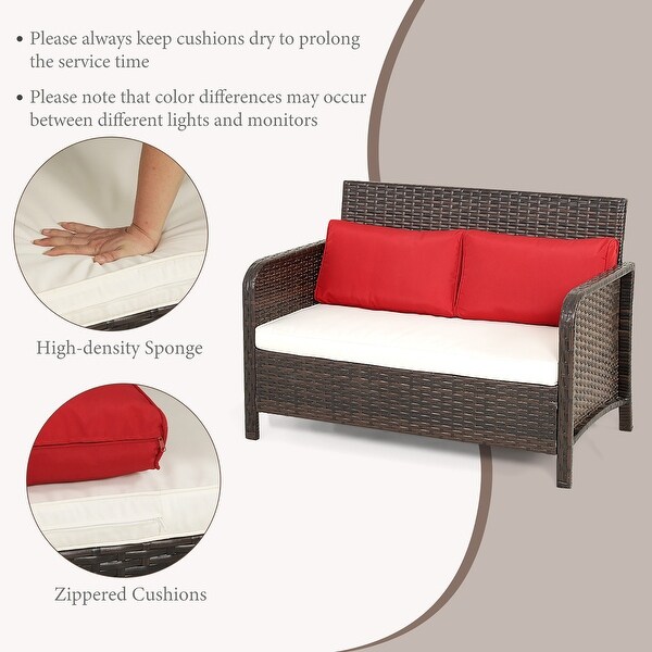Costway 2PCS Patio Rattan Wicker Loveseat Coffee Table Set Cushioned