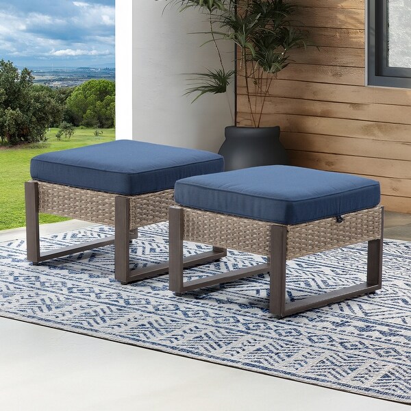 Cozywor 2Piece Wicker Outdoor Patio Ottoman with Steel Frame and Cushions