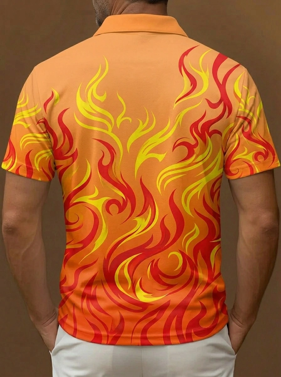 Orange Red Flame Print Short Sleeve Golf Polo Shirt