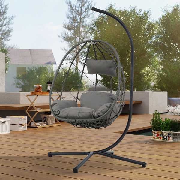 Patio Wicker Hanging Egg Chair Hanging Basket Chair Swing Chair with Stand