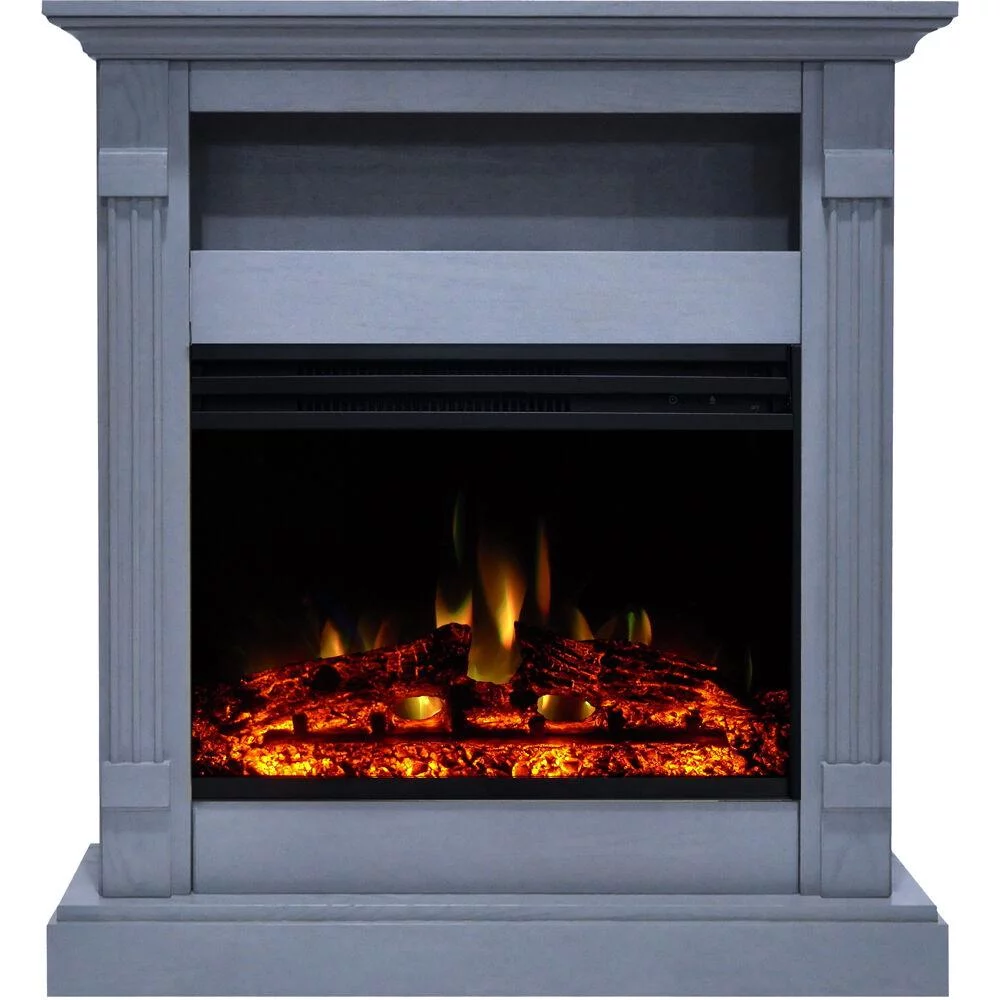 Cambridge Sienna 34-In. Electric Fireplace Heater with Slate Blue Mantel, Enhanced Log Display, Multi-Color Flames, and Remote Control