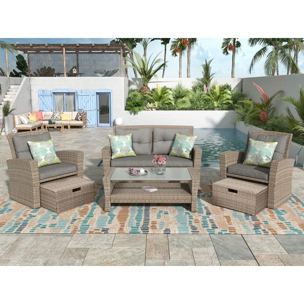 4 Piece Ustyle Patio Furniture Set,Outdoor Conversation Set All Weather Wicker Sectional Sofa with Ottoman and Cushions