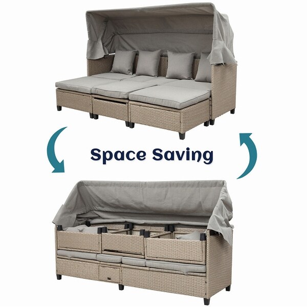 4 Piece Wicker Patio Sofa Set with Retractable Canopy and Lifting Table