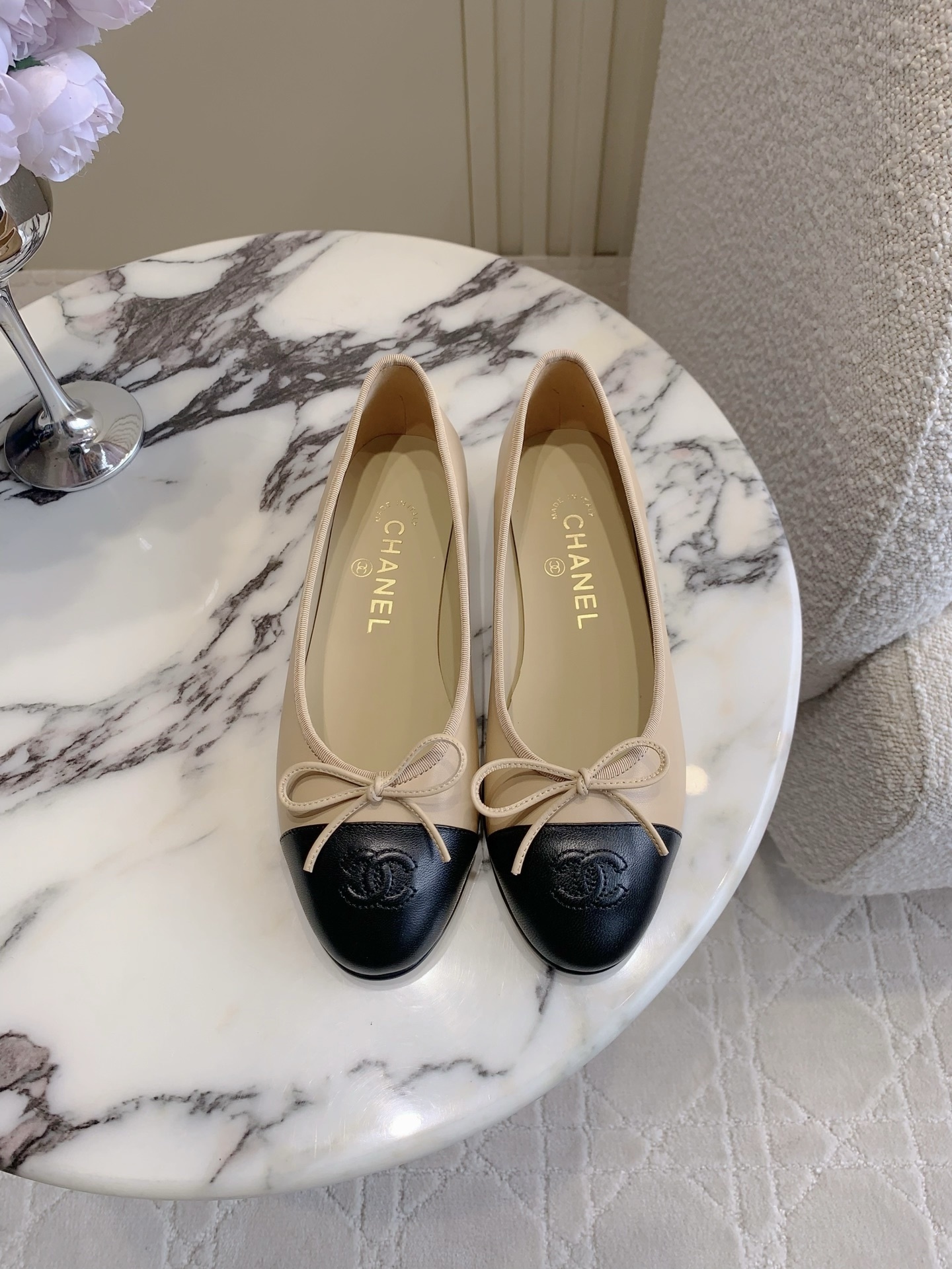 Chanel Cambon Leather Ballet Flats Beige For Women