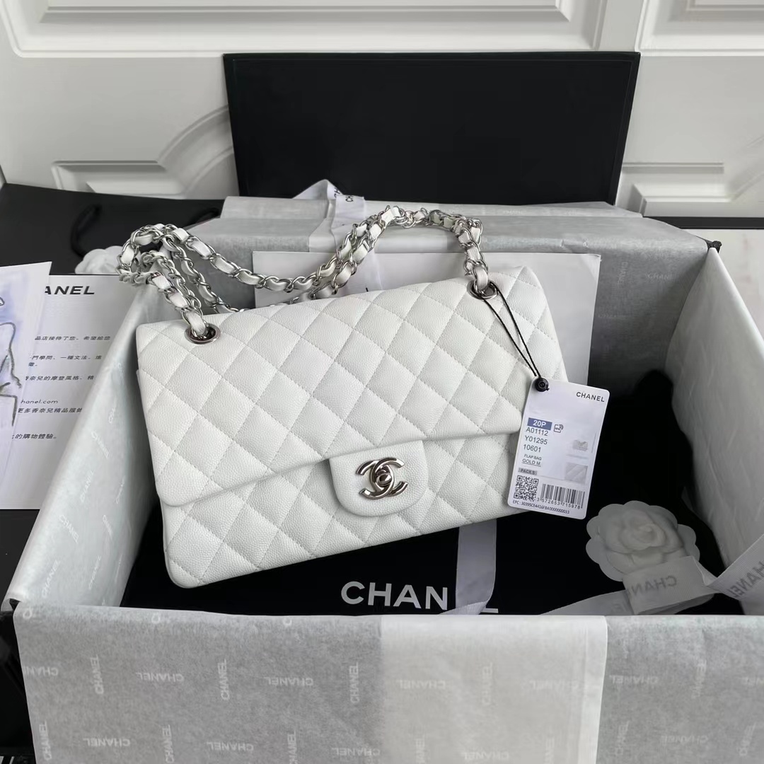 Chanel Classic Double Flap Bag White Silver Hardware 25Cm/10in