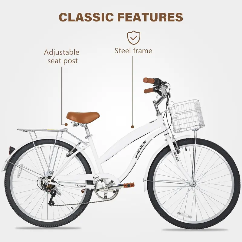 WEIZE 26″ Beach Cruiser Bike – 7-Speed Commuter Bicycle with Fenders, Rear Rack, Ergonomic Upright Posture