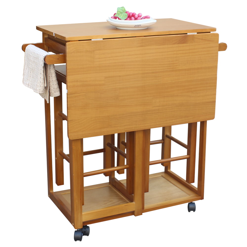 uhomepro Kitchen Island with Stools, Folding Kitchen Island Trolley Cart, Rolling Cart with Drawers, Portable Breakfast Bar, Drop Leaf Dining Table Set for Dining Room, Hotel, Patio, Brown, W4239