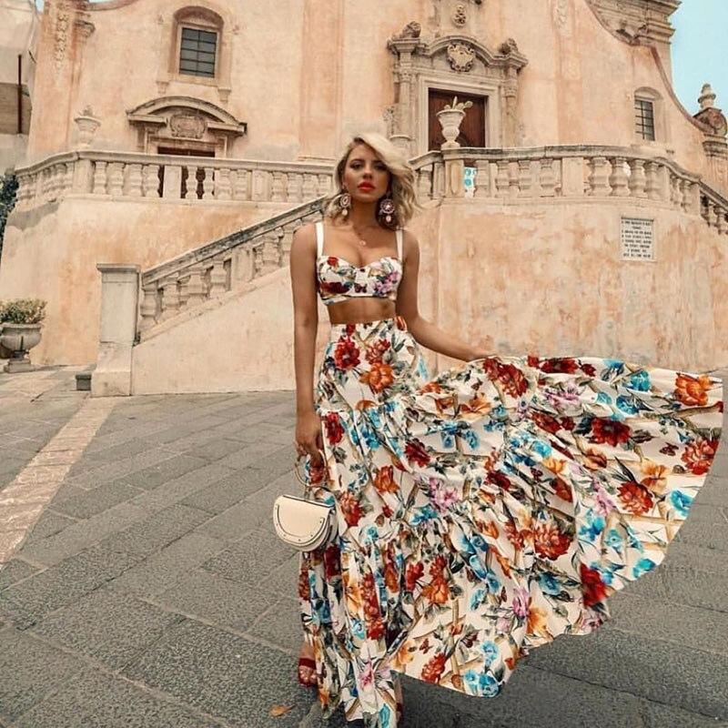 Boho Floral Two-Piece Maxi Dress SetClistos