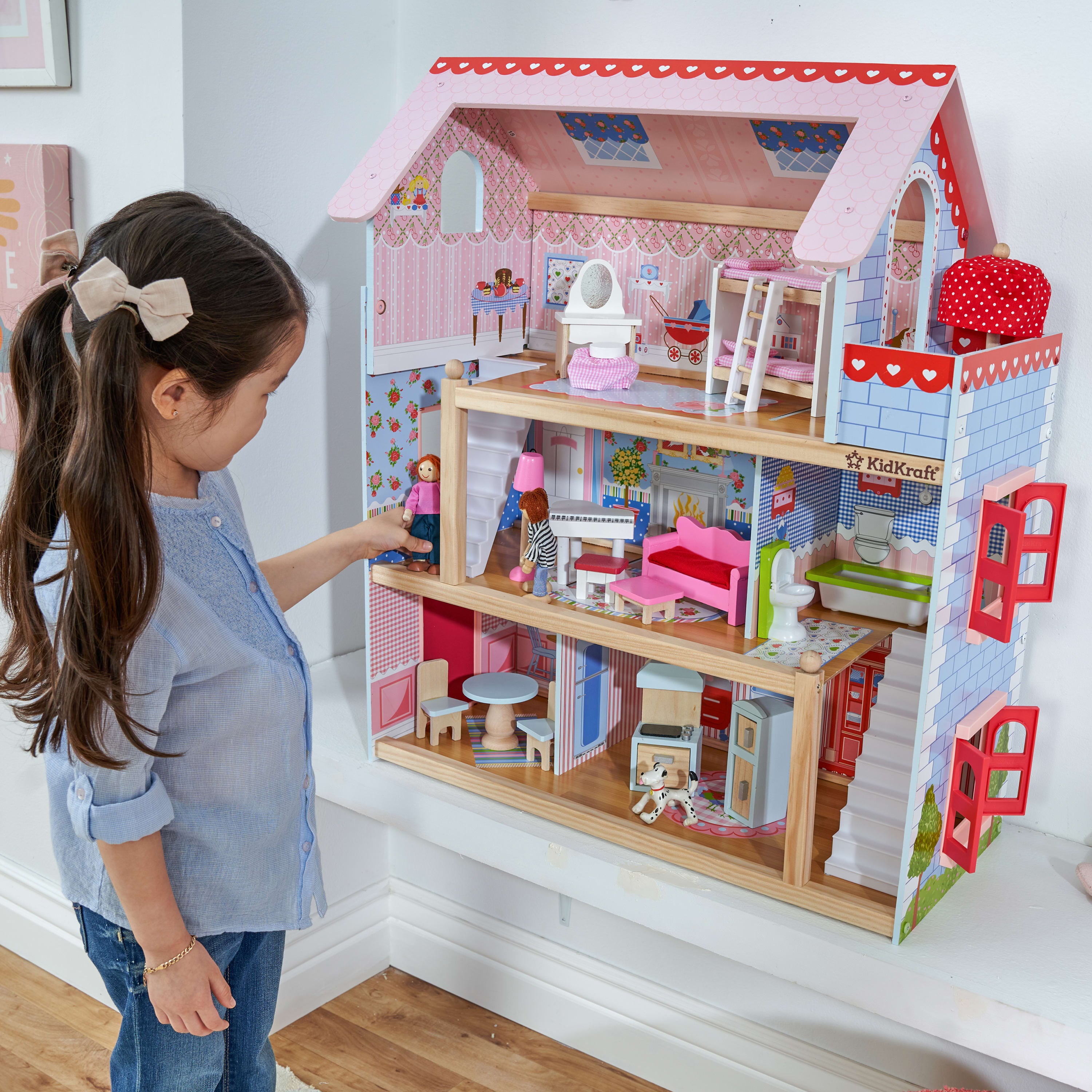 KidKraft Chelsea Doll Cottage Wooden Dollhouse with 16 Accessories, for 5-Inch Dolls