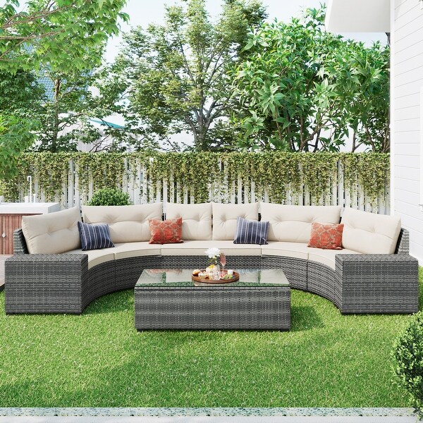 Roomfitters 8 Pcs Outdoor Wicker Round Sofa Set,HalfMoon Sectional with Coffee Table,PE Rattan,Waterresistant Cushions