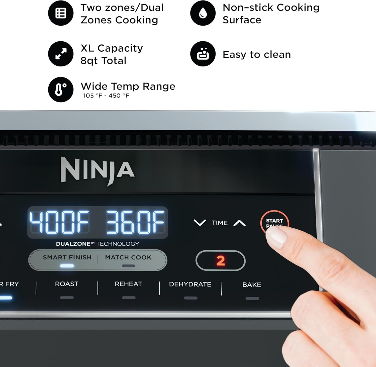 8QT 6-in-1 Dual Basket Air Fryer, Independent Zones, Smart Finish & Match Cook