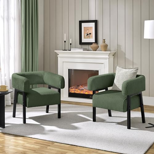 Yaheetech Corduroy Barrel Accent Chair Set of 2, Modern Upholstered Armchair with Solid Wood Legs, Cozy Leisure Chair with Pocket Coiled Seat for Living Room, Bedroom, Reading Nook Beige