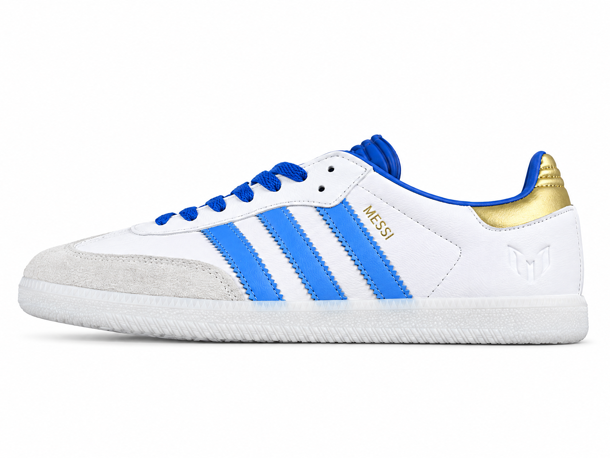 Adidas Lionel Messi X Samba Indoor Spark Gen10s White/Lucid Blue/Blue Burst/Gold ID3550
