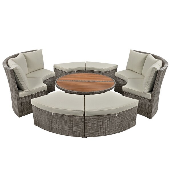 Round Sectional Sofa Set of 5 w/ Liftable Table and Grey Cushions
