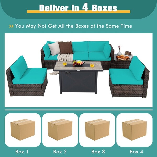Gymax 7PCS Patio Rattan Furniture Set Fire Pit Table Cover Cushion