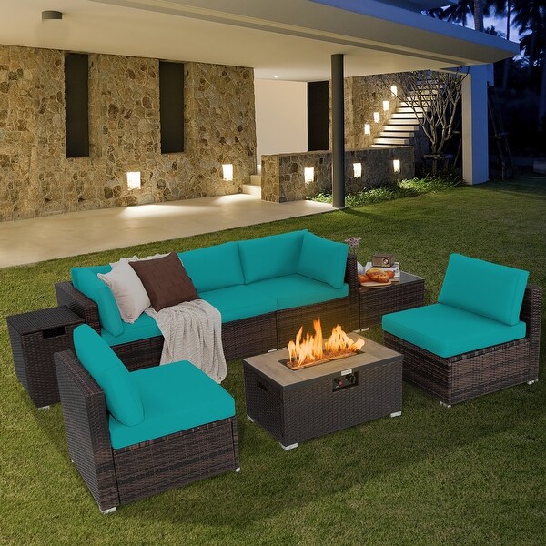 Costway 8PCS Patio Rattan Furniture Set Fire Pit Table Tank Holder
