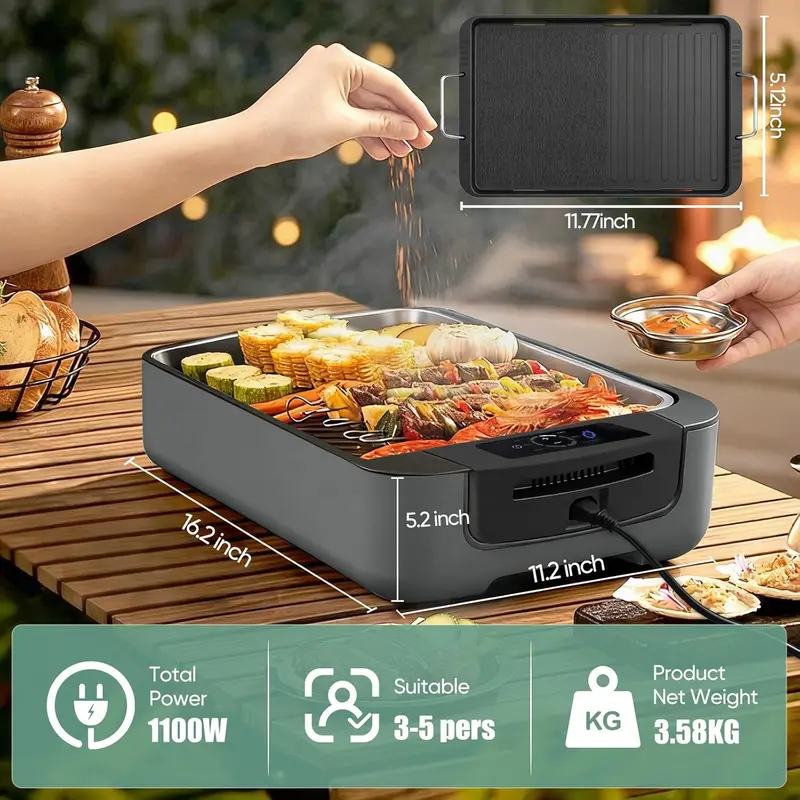 Smokeless Indoor Grill with Dual-Zone Cooking – LED Display, 6-Temp Settings, Dishwasher-Safe Plates