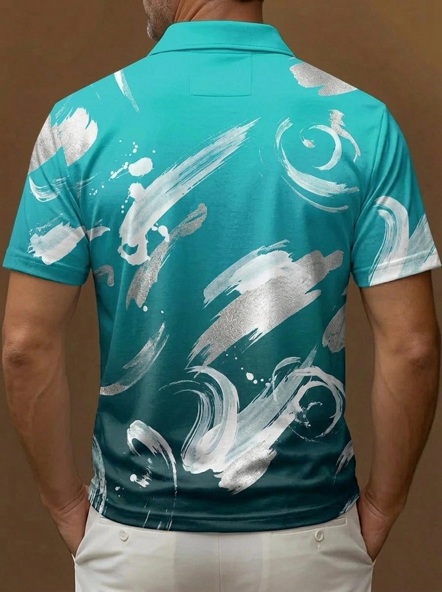 Teal Gradient Silver Brushstroke Print Short Sleeve Golf Polo Shirt