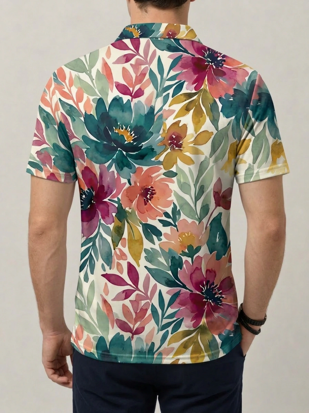 Multicolor Watercolor Floral Print Short Sleeve Golf Polo Shirt