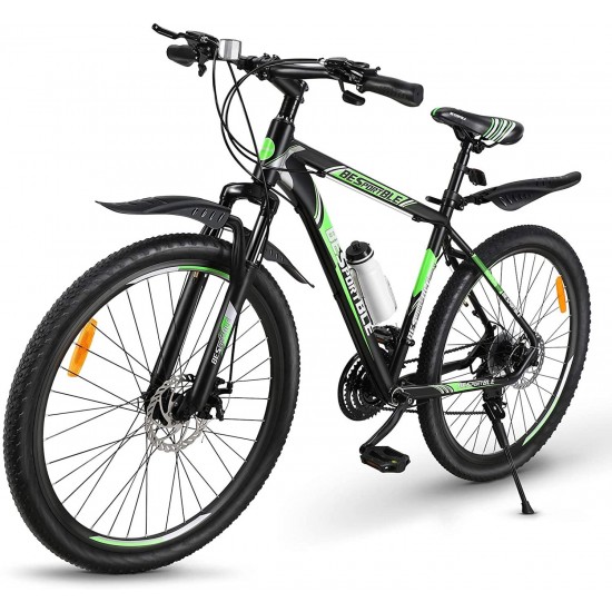 Mountain Bike, 21 Speeds Mountain Bicycle with Aluminum Frame Suspension Fork, 27.5 Inch Wheels Anti- Slip Bicycle, Derailleur System Mechanical Disc Brakes, Black Green