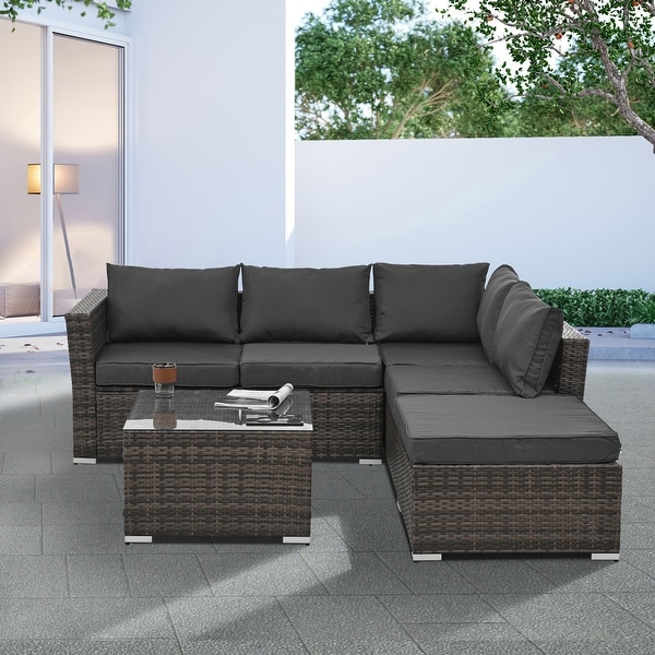4Piece Patio Conversation Wicker Furniture Set,Sectional Sofa Set with Tempered Glass Coffee Table,Sofa Chair and Ottoman Sets