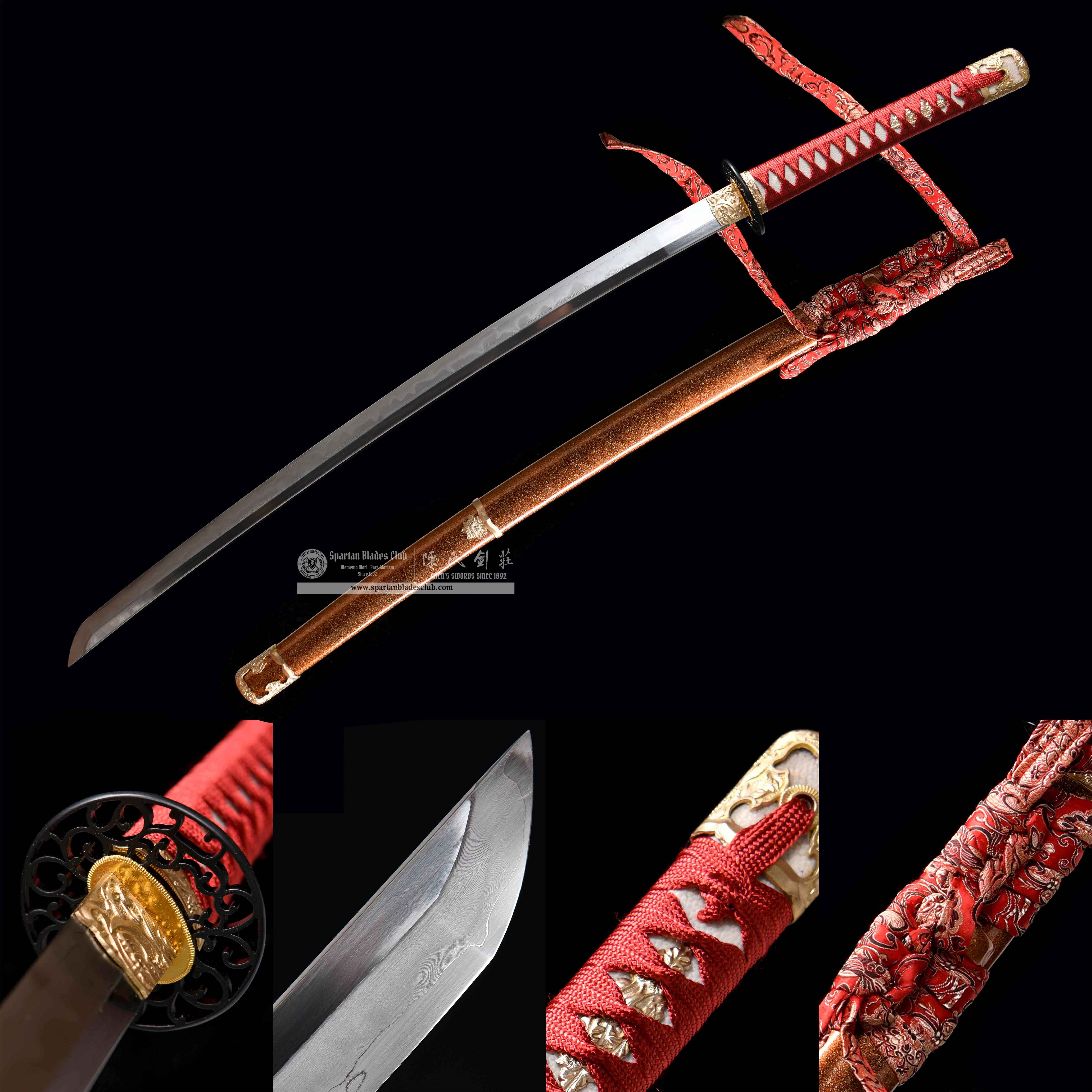 HY114 | Hanabana Tachi | T10 Steel-wrapped Damascus Steel | Honsanmai-structured Blade | Real Hamon | Hadori Polishing | Red | Battle-Ready | Full-tang | Spartan Blades Club | CHEN