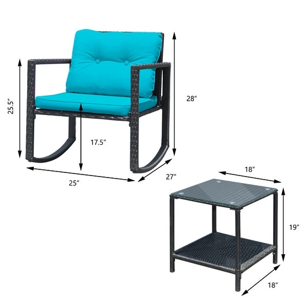 Gymax 3PCS Rattan Rocking Chair Table Set Patio Furniture Set w/ Blue