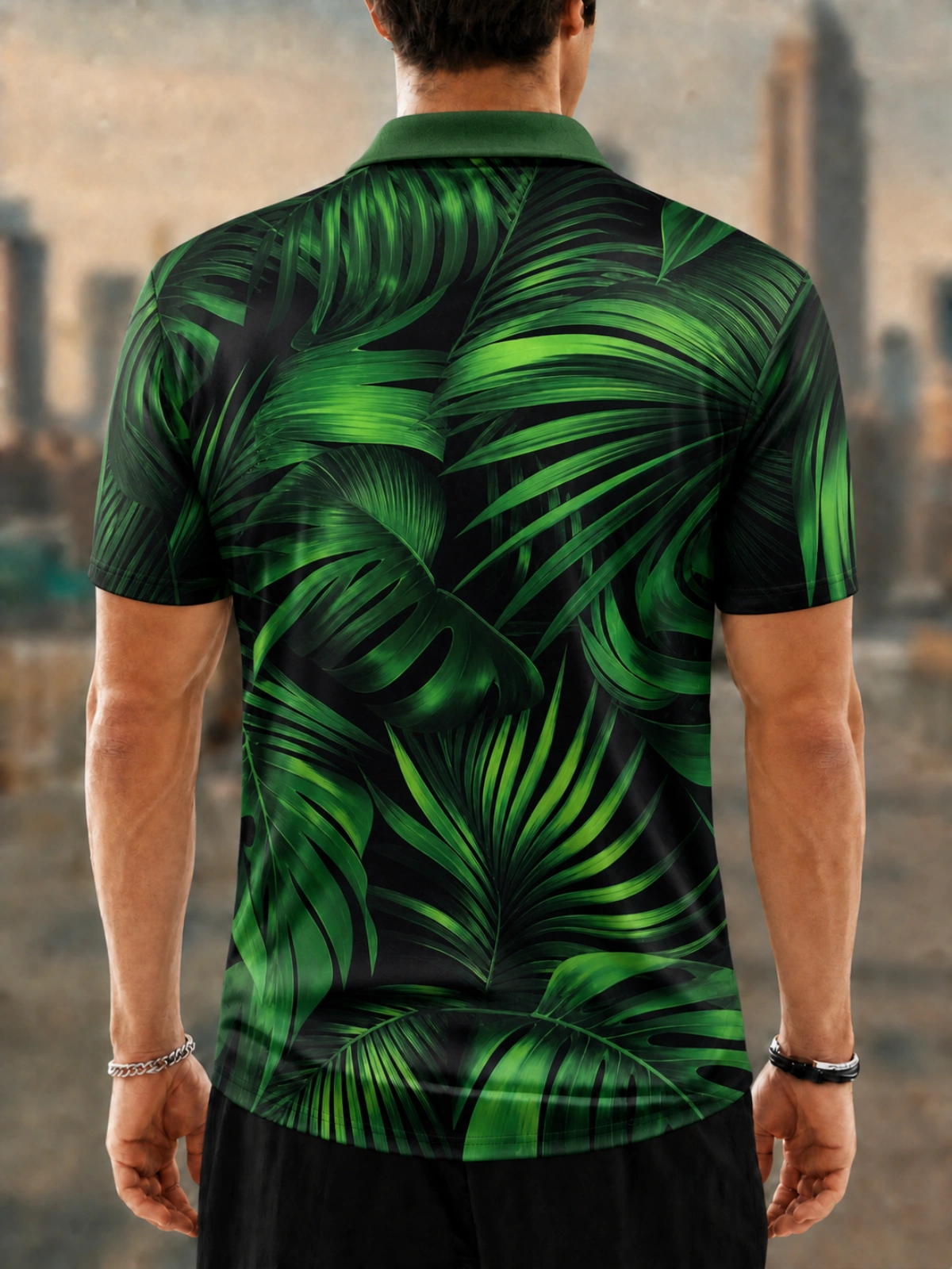 Moisture Wicking Golf Polo 3D Dark Tropical Palm Leaf Button Short Sleeve Golf Polo Shirt