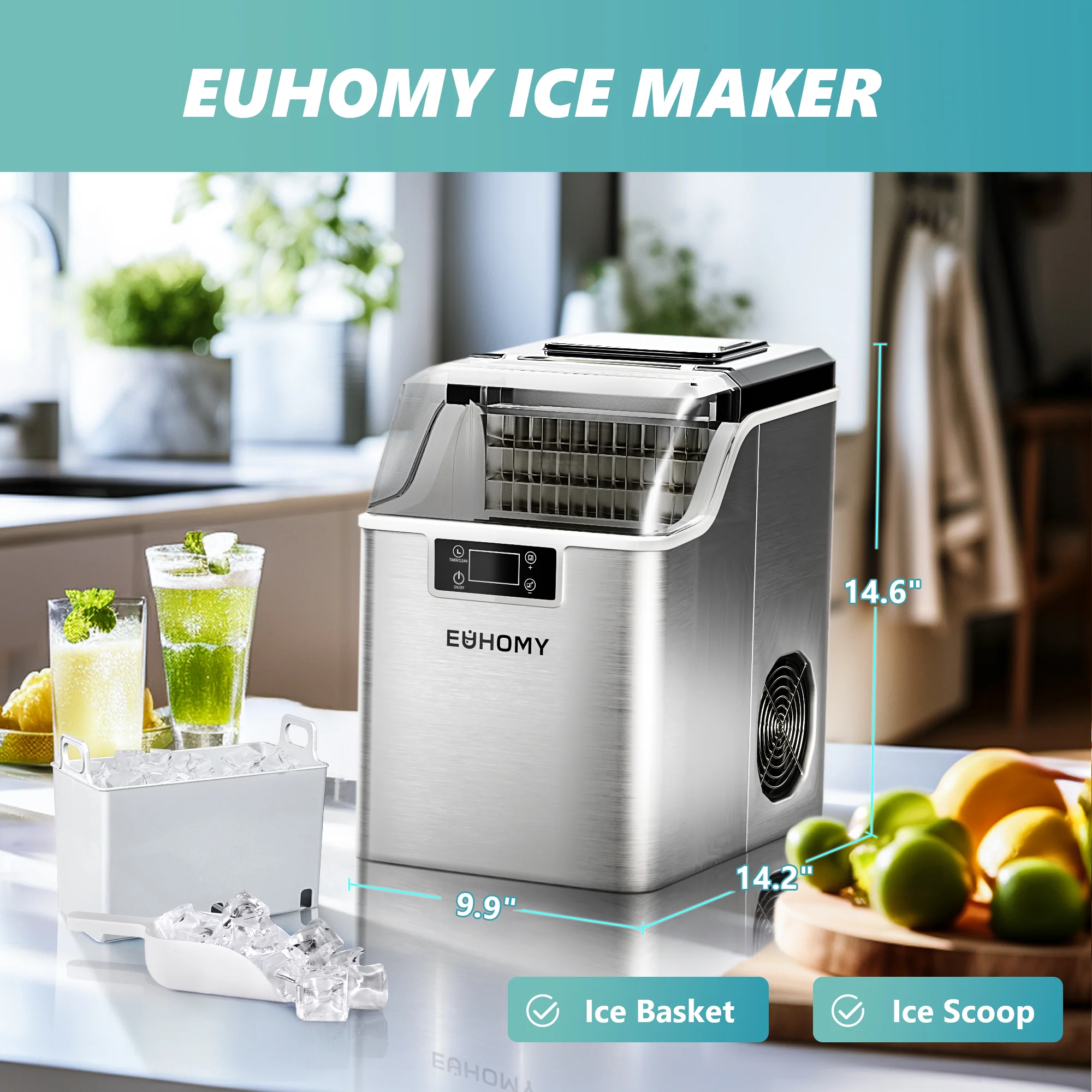 14'' Cube Ice Compact Ice Maker Selectable Ice Thickness with Water Bucket