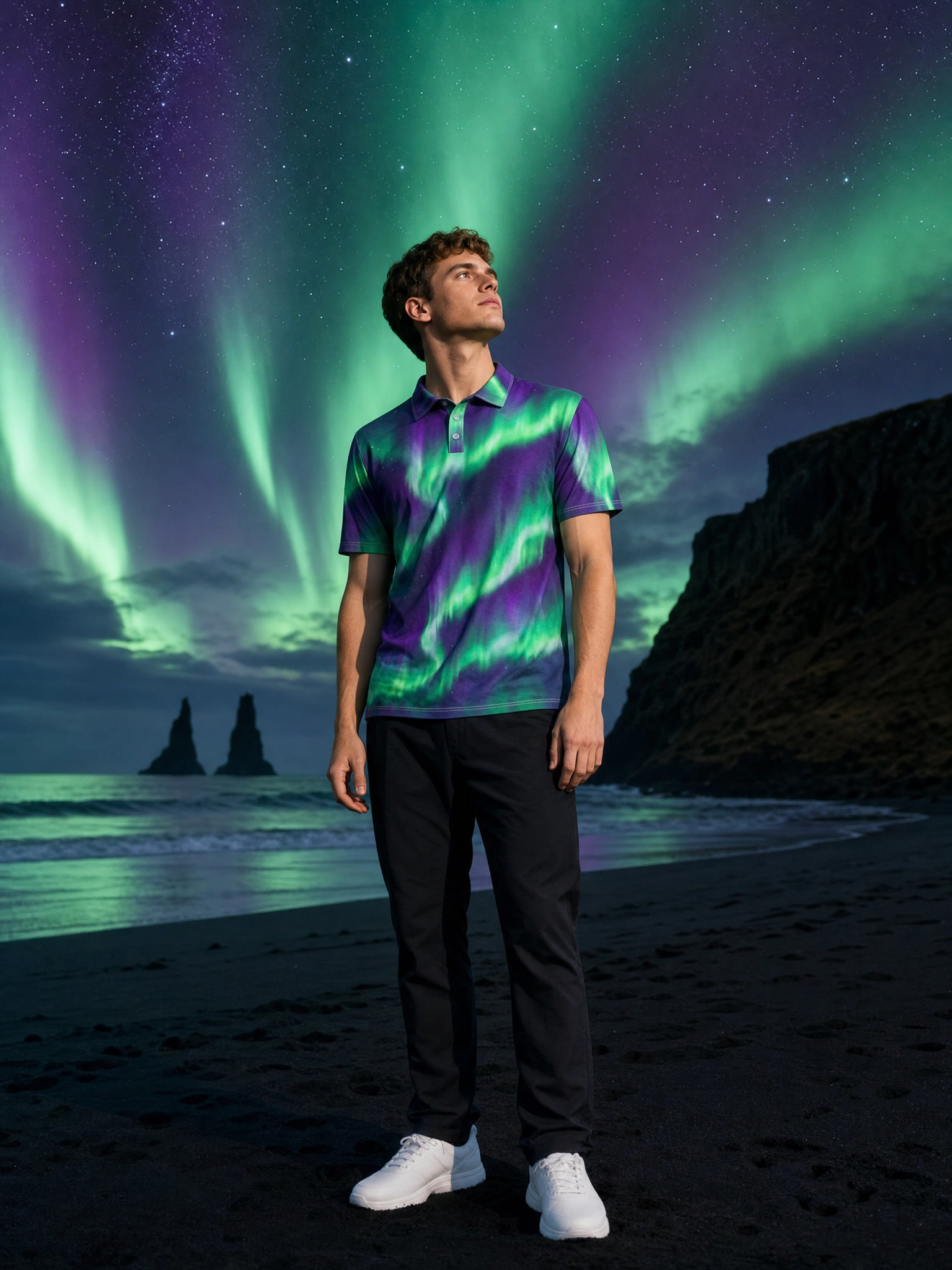Moisture Wicking Golf Polo 3D Green Purple Aurora Button Short Sleeve Golf Polo Shirt