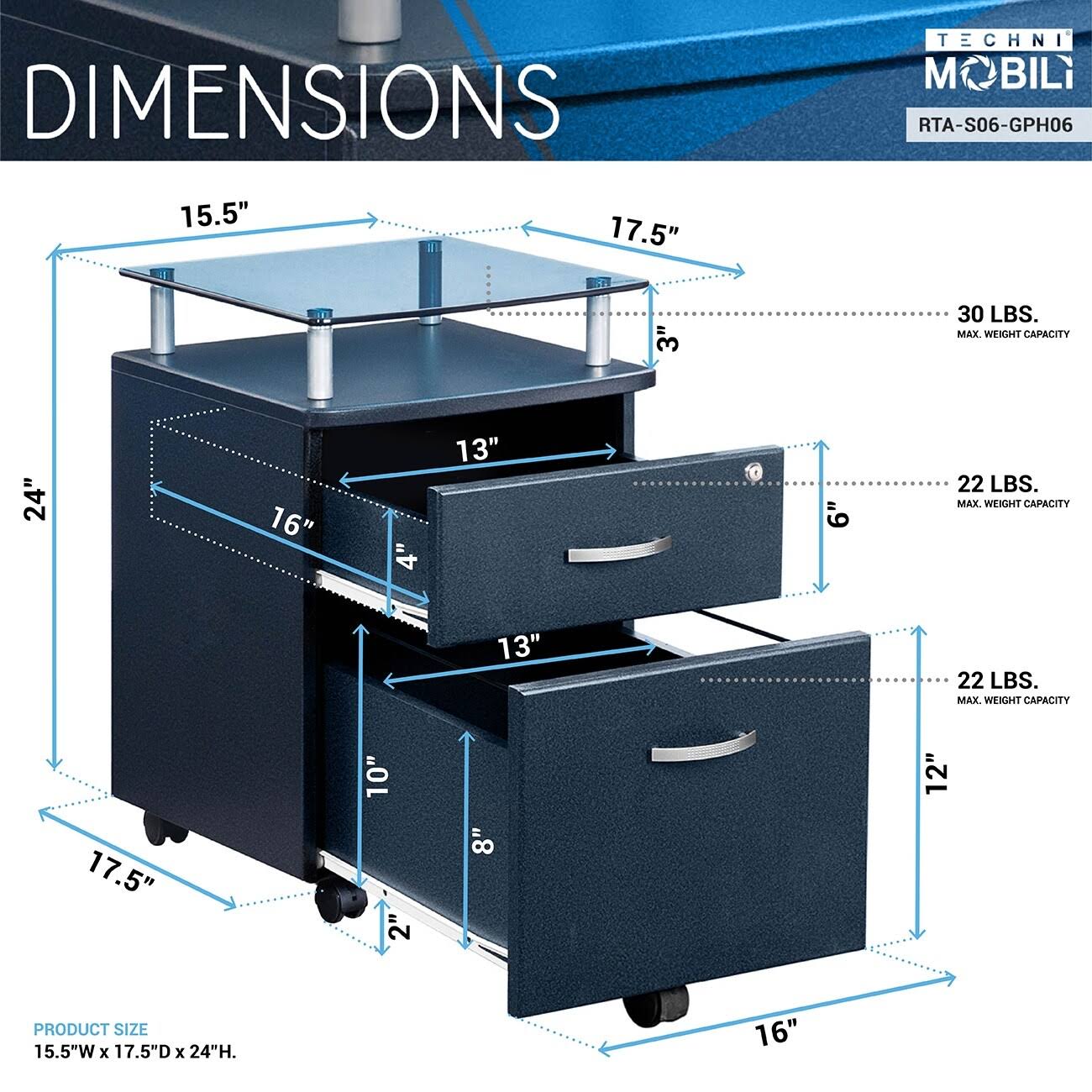 GZMR Rolling Graphite File Cabinet with Glass Top - Letter