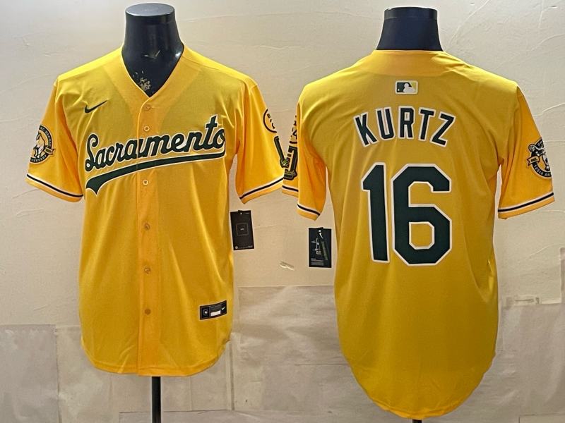 Men's Oakland Athletics Nick Kurtz #16 Gold Alternate Stadium Jersey