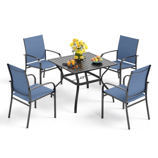 MAISON ARTS 6Piece Patio Dining Set,37 Inch Square Metal Table and 4 Textilene Dining Chairs with 9ft Patio Umbrella