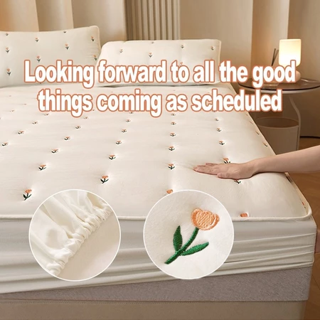 Soybean Fiber Cotton Fitted Sheet Solid Color Embroidery High Grade Bed Cover Mattress Protector Single/Queen/King