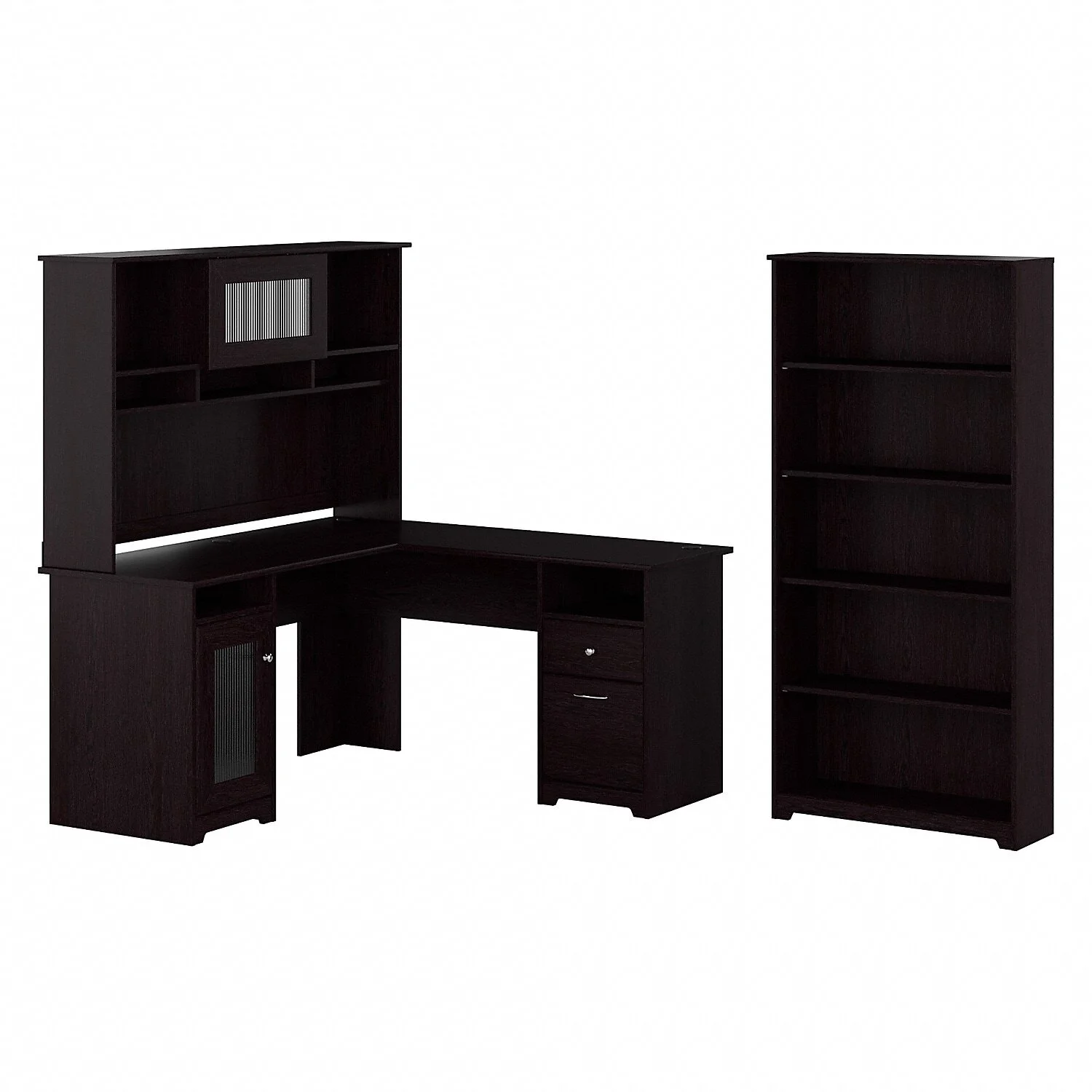 Maykoosh French Country 60W L Shaped Computer Desk With Hutch And 5 Shelf Bookcase