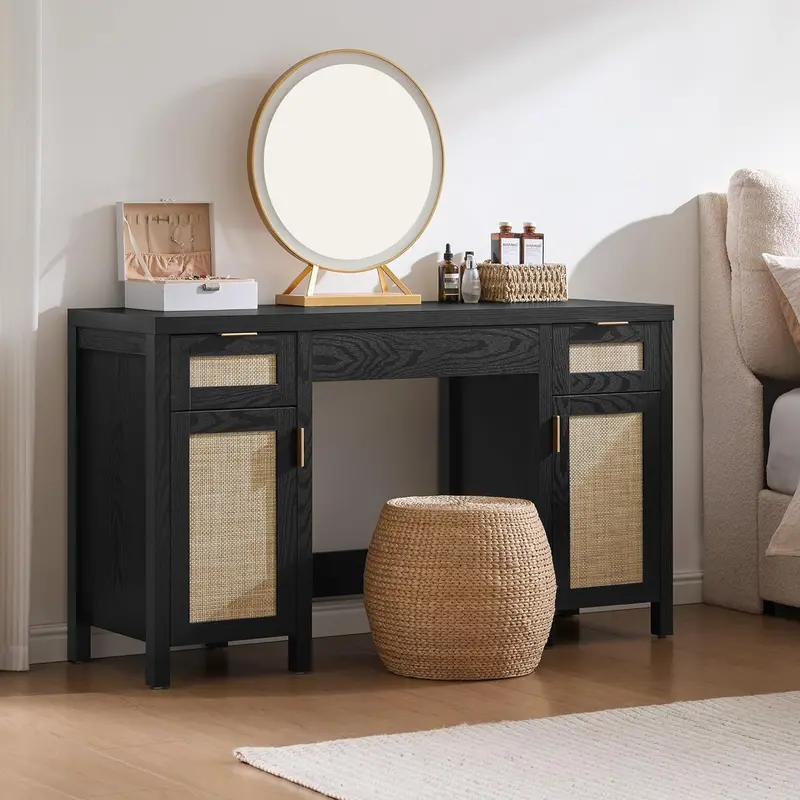 SICOTAS Rattan Dressing Table – 52-Inch Natural-Wood Vanity Desk