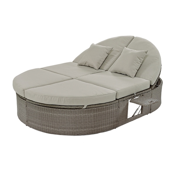 2Person Rattan Garden Reclining Chaise Lounge Daybed with Cup Trays