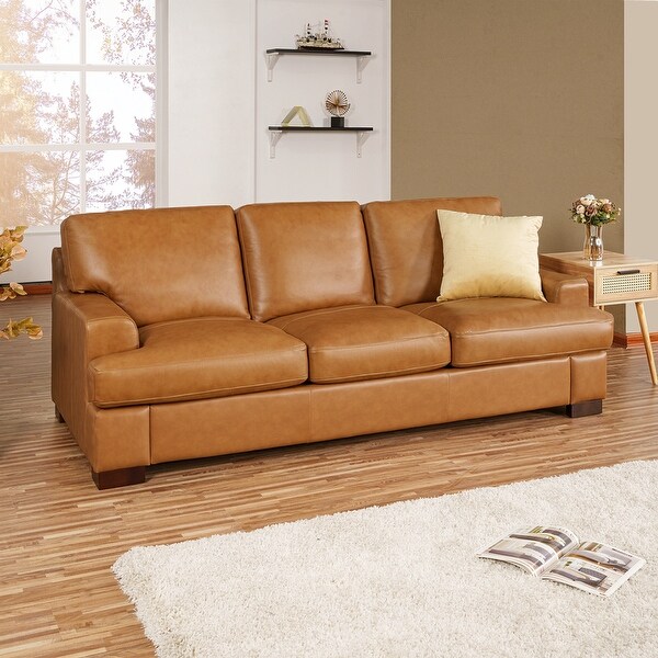 Genuine Leather Sofa with Luxurious Comfort,Goose Feather Cushion Filling,Square Arm Design,Sturdy Block Legs