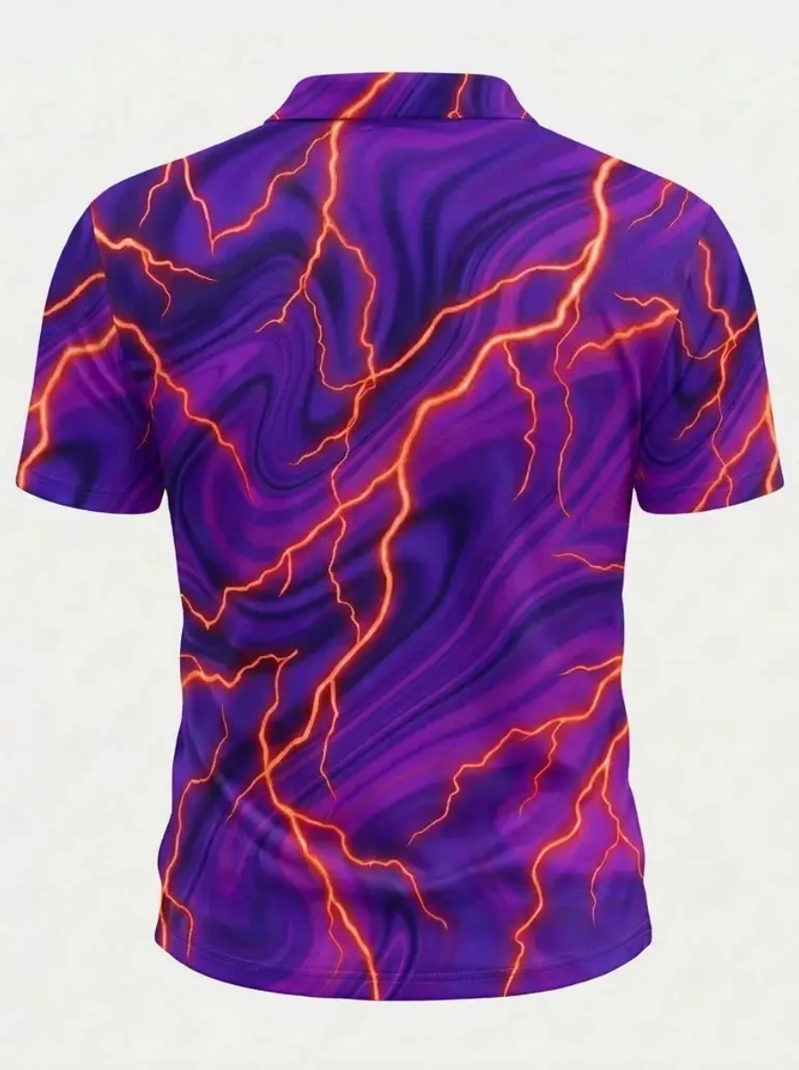 Moisture Wicking Golf Polo 3D Purple Orange Marble Lightning Print Button Short Sleeve Golf Polo Shirt