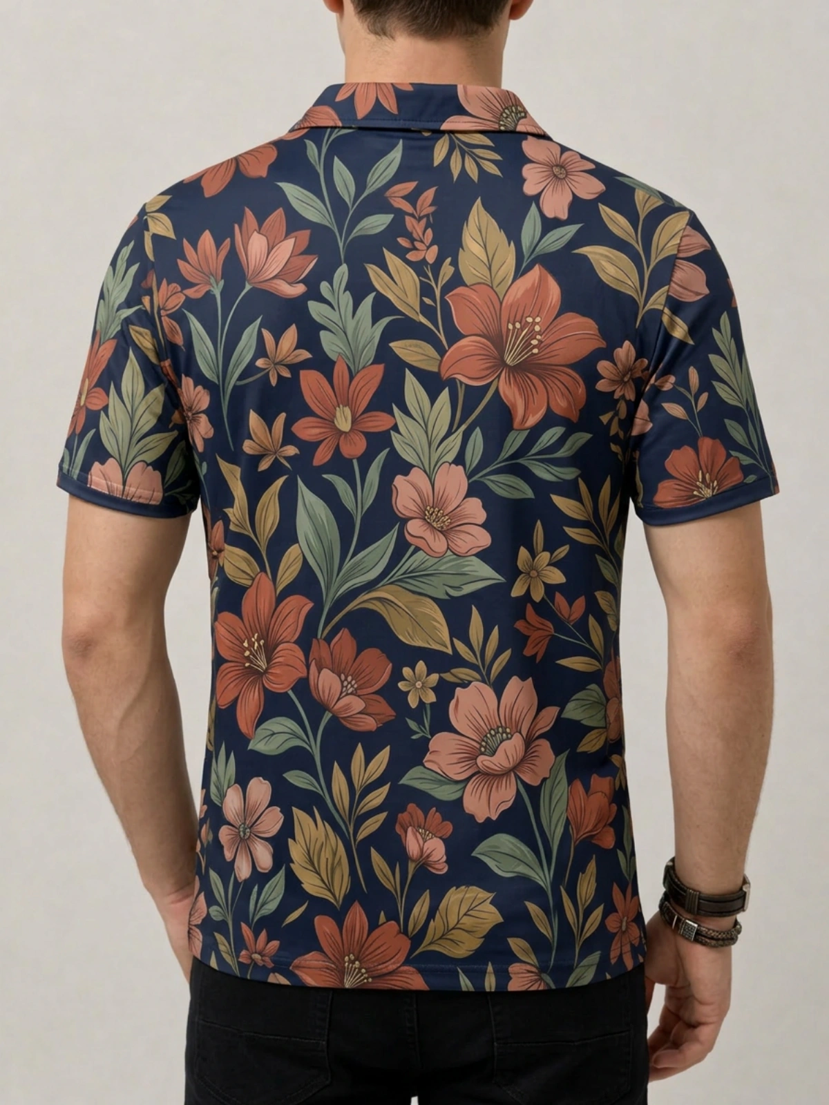 Navy Blue Floral Leaf Print Short Sleeve Golf Polo Shirt